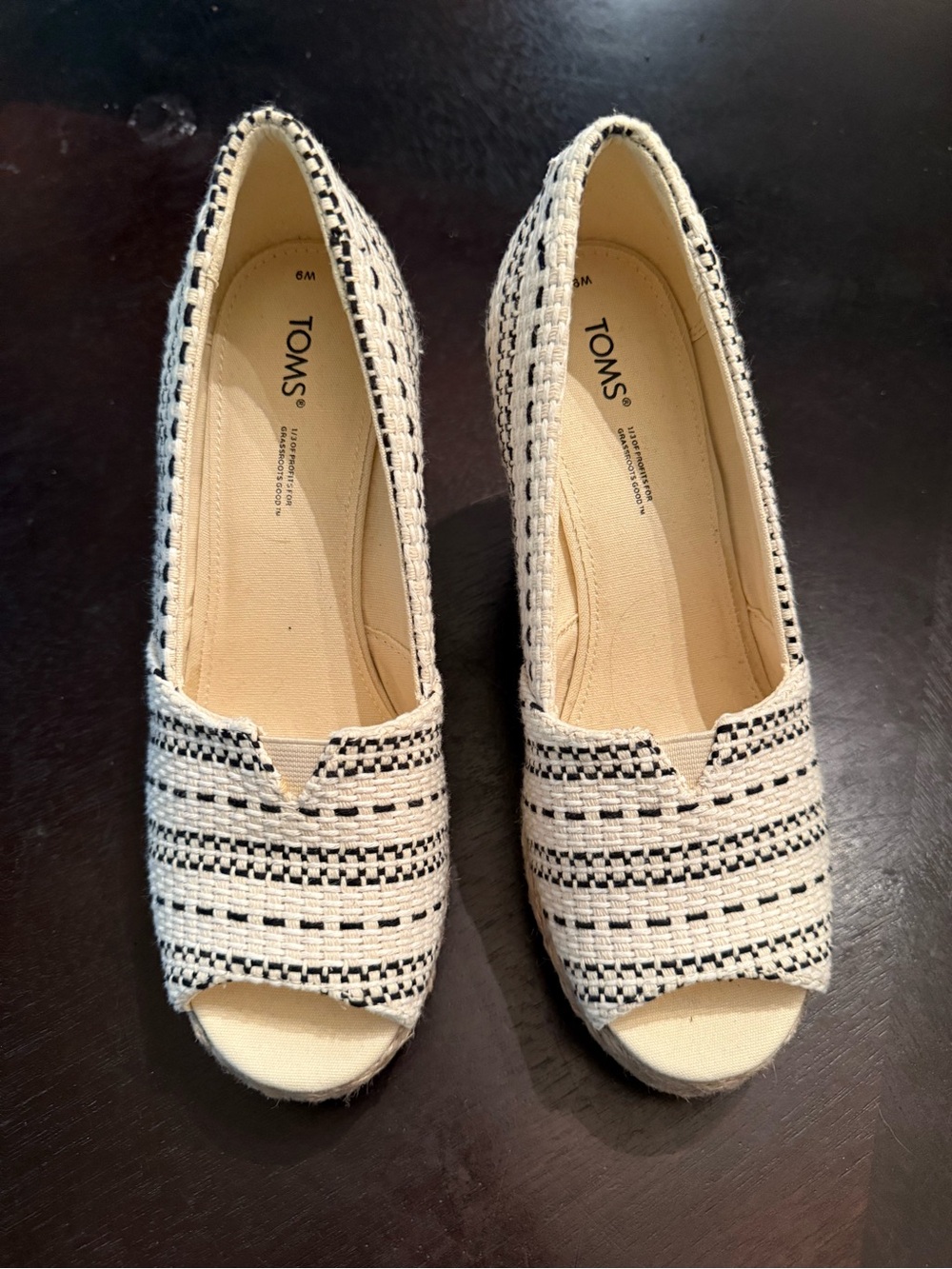 Toms Cream and Black Woven Peep-Toe Wedges